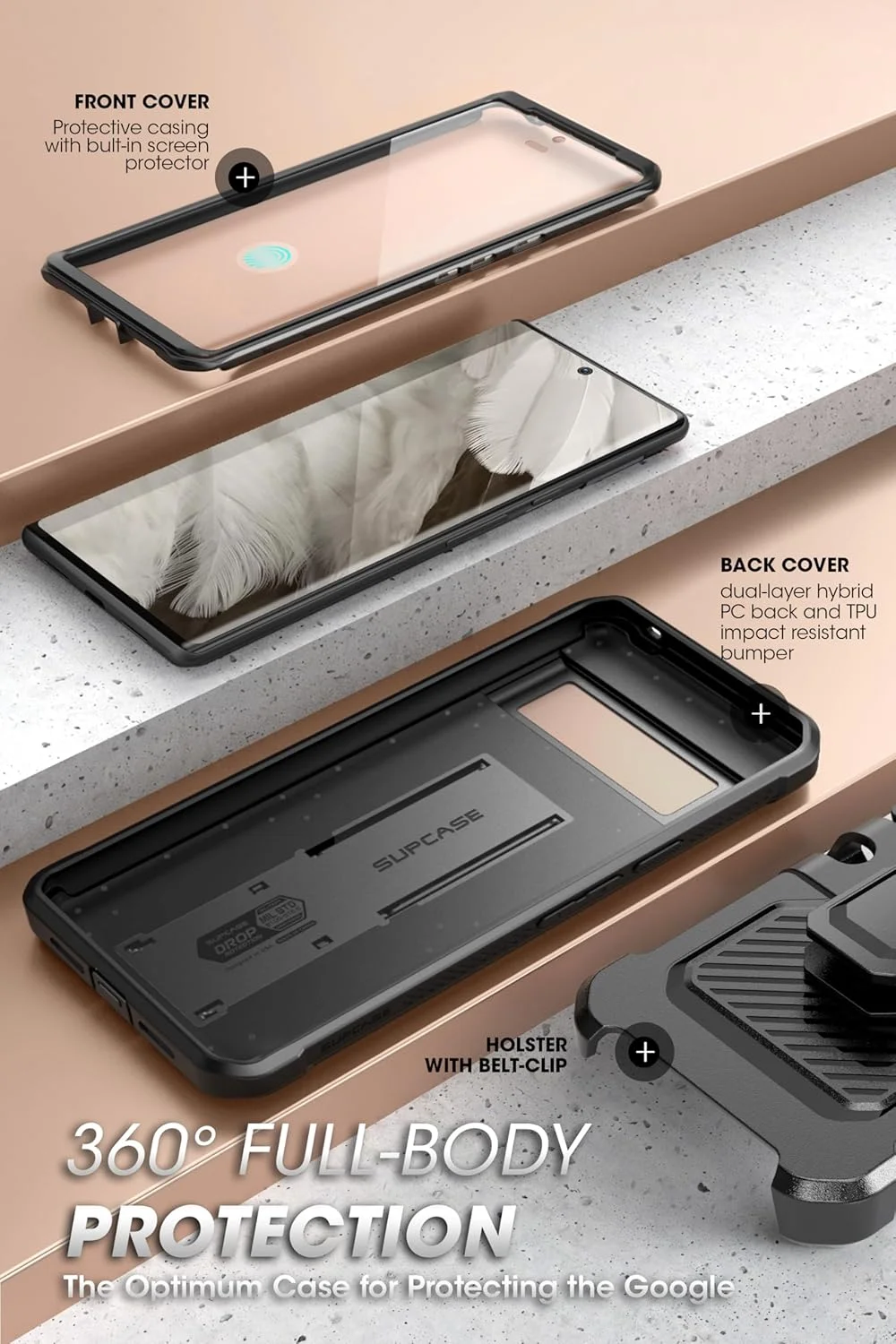 کاور محافظ SUPCASE [Unicorn Beetle Pro] مناسب برای گوشی گوگل پیکسل 8 5G، کاور مقاوم با گیره کمری و محافظ صفحه نمایش داخلی - مشکی