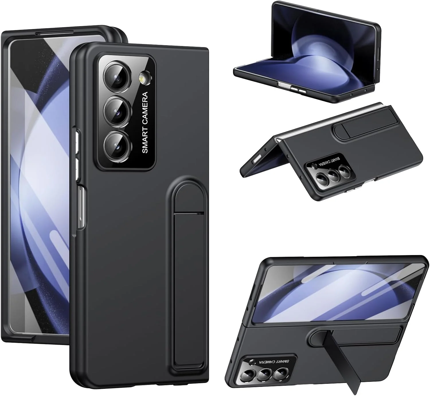 کاور گوشی سامسونگ گلکسی زد فولد 5 به همراه بند و استند، محافظ صفحه نمایش ضد ضربه برای گوشی گلکسی زد فولد 5 به همراه بند دستی، کاور باریک با استند - مشکی