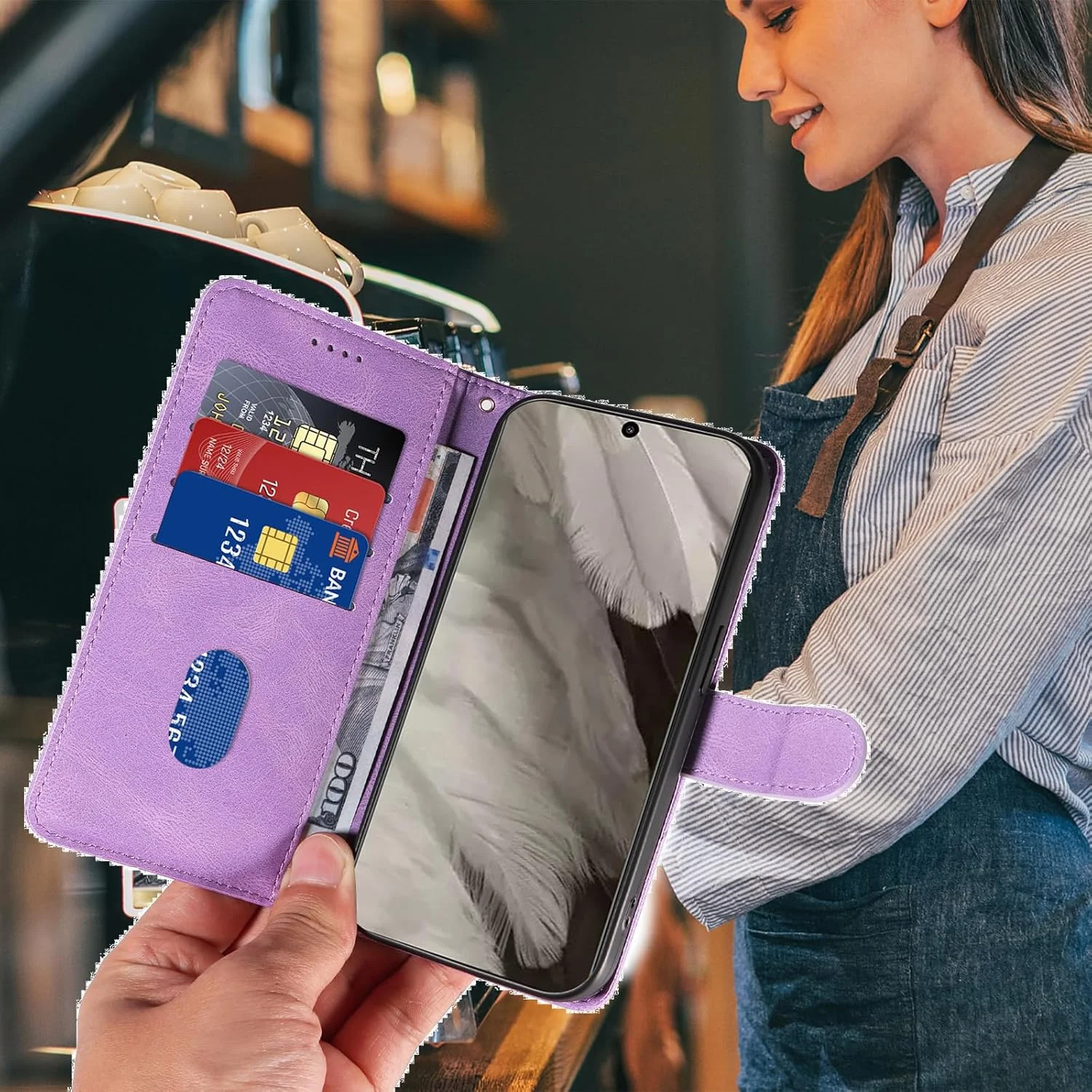 کیف پول تاشو سازگار با گوشی گوگل پیکسل 8، [دارای 3 جای کارت + 1 کیف پول] کیف کتابی با روکش مغناطیسی چرمی PU، قاب گوشی برای گوگل پیکسل 8، بنفش