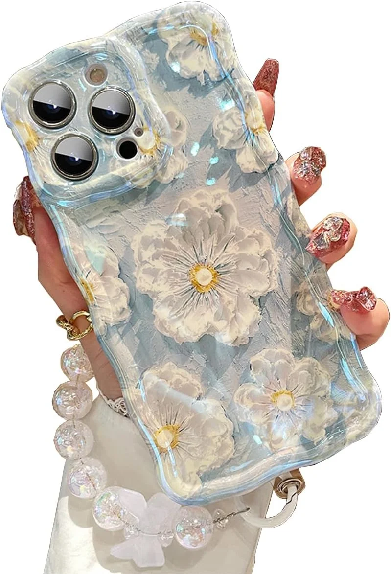 قاب گوشی طرح گل نقاشی روغنی اکلیلی به همراه بند مچی و ضربه گیر TPU، قاب محافظ دخترانه زیبا (آبی، 14) سازگار با آیفون 14 قاب گوشی طرح گل نقاشی روغنی اکلیلی به همراه بند مچی و ضربه گیر TPU، قاب محافظ دخترانه زیبا (آبی، 14) سازگار با آیفون 14