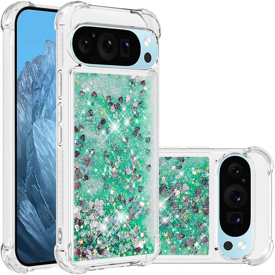 کاور سیلیکونی IMIRST برای گوگل 9/9 پرو، محافظت از گوشه‌ها با ایربگ، مایع اکلیلی براق، کاور TPU برای گوگل پیکسل 9 پرو - YBW طرح Love Green