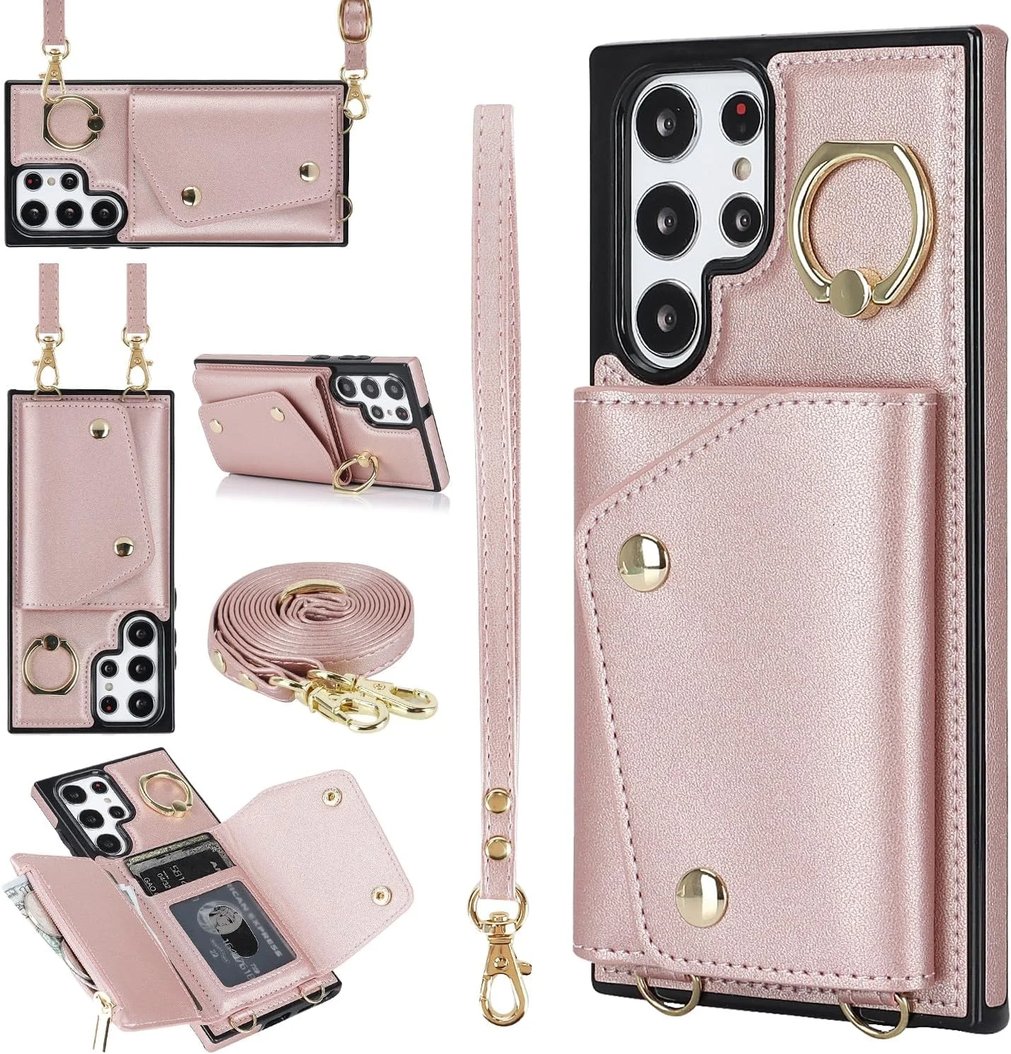 کیف گوشی موبایل دارای کیف کارت زیپ‌دار، بند دوتایی و حلقه نگهدارنده برای سامسونگ گلکسی S22 Ultra 5G (طلایی رز)