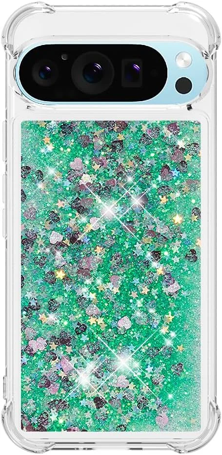 کاور سیلیکونی IMIRST برای گوگل 9/9 پرو، محافظت از گوشه‌ها با ایربگ، مایع اکلیلی براق، کاور TPU برای گوگل پیکسل 9 پرو - YBW طرح Love Green