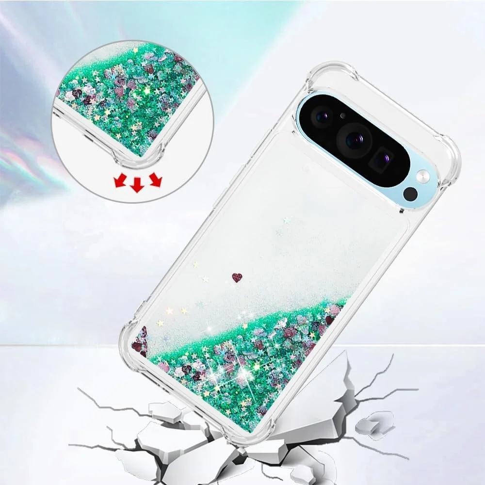 کاور سیلیکونی IMIRST برای گوگل 9/9 پرو، محافظت از گوشه‌ها با ایربگ، مایع اکلیلی براق، کاور TPU برای گوگل پیکسل 9 پرو - YBW طرح Love Green