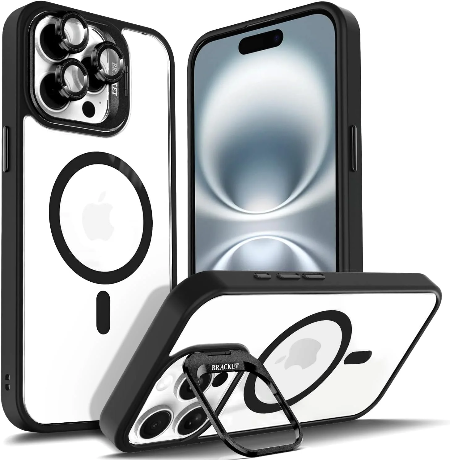 قاب گوشی فلزی نگهدارنده لنز. قاب محافظ شفاف مغناطیسی رینگی برای آیفون 16 پرو مکس، محافظت ضد ضربه با درجه نظامی سازگار با شارژ بی سیم مگ‌سیف، مشکی