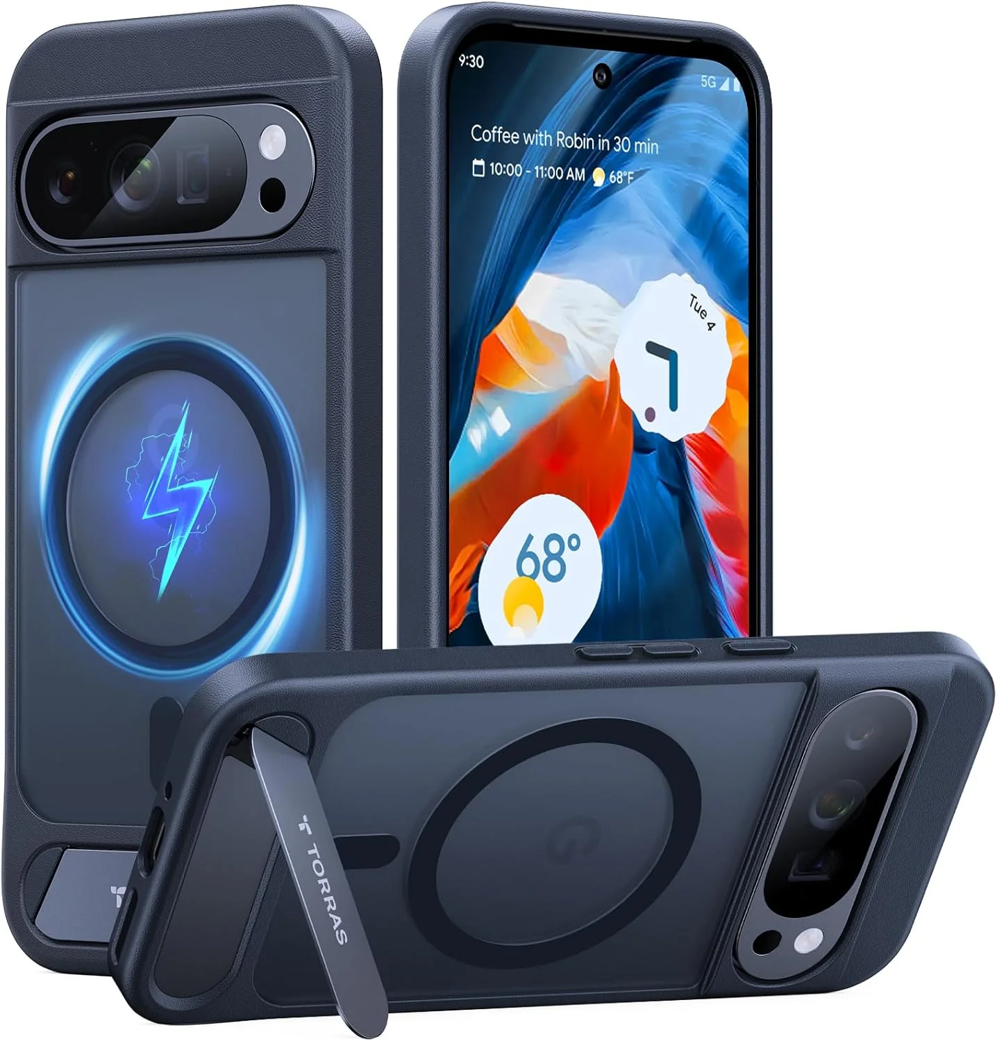 کاور محافظ آهنربایی و استند دار TORRAS برای گوشی گوگل پیکسل 9 پرو / پیکسل 9، سازگار با MagSafe، محافظت در برابر سقوط از ارتفاع 3.6 متری، طراحی باریک، دارای استند داخلی، مشکی مات نیمه شفاف