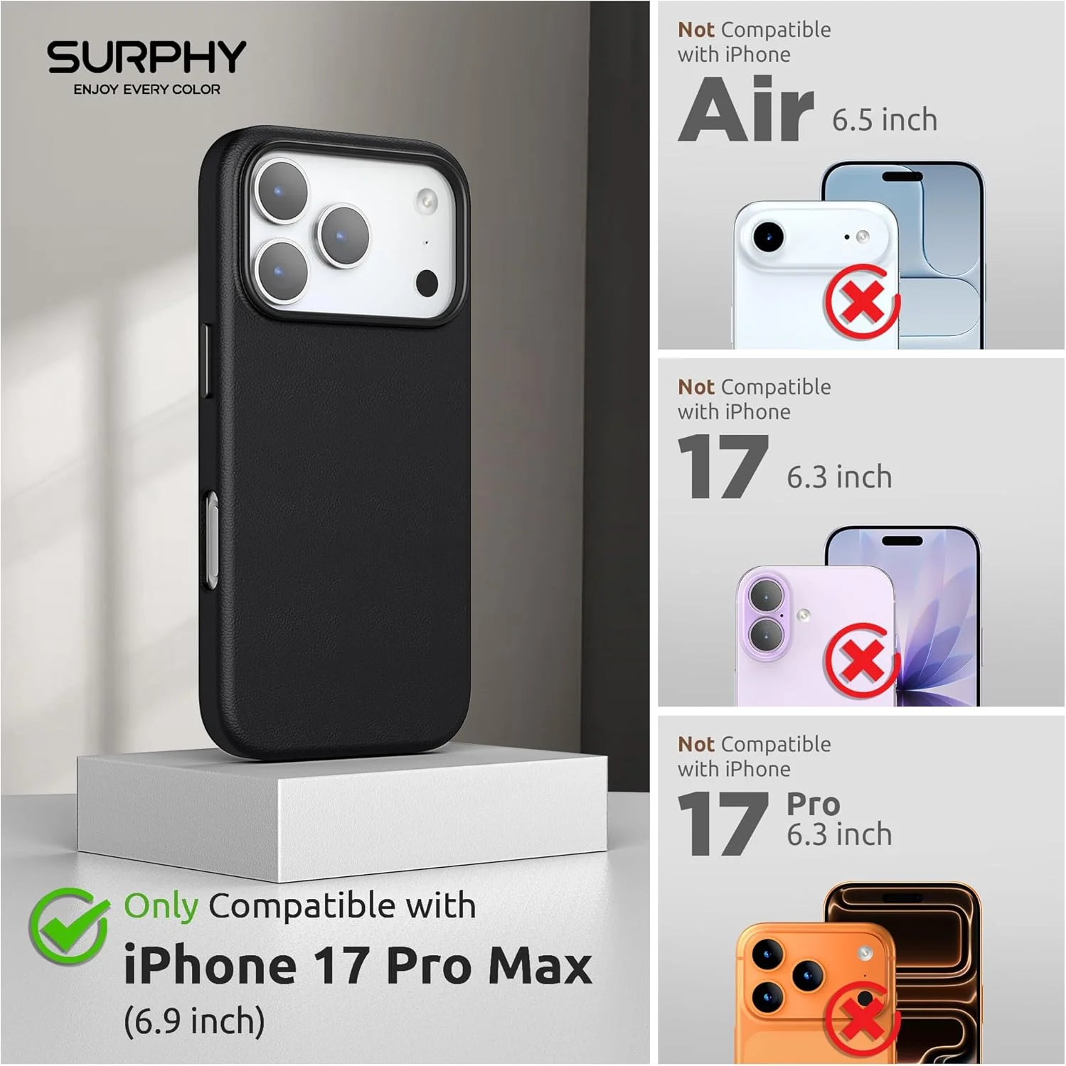 کاور چرمی مشکی رنگ سورفی مناسب برای آیفون ۱۷ پرو مکس، سازگار با شارژ بی‌سیم MagSafe، دارای دکمه‌های فلزی و پوشش داخلی میکروفایبر برای ۱۷ پرو مکس ۶.۹ اینچی (سال ۲۰۲۵)