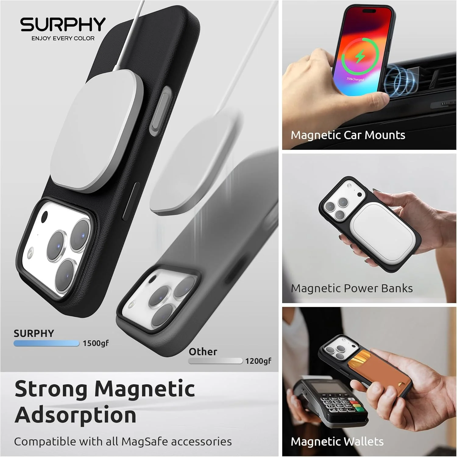 کاور چرمی مشکی رنگ سورفی مناسب برای آیفون ۱۷ پرو مکس، سازگار با شارژ بی‌سیم MagSafe، دارای دکمه‌های فلزی و پوشش داخلی میکروفایبر برای ۱۷ پرو مکس ۶.۹ اینچی (سال ۲۰۲۵)