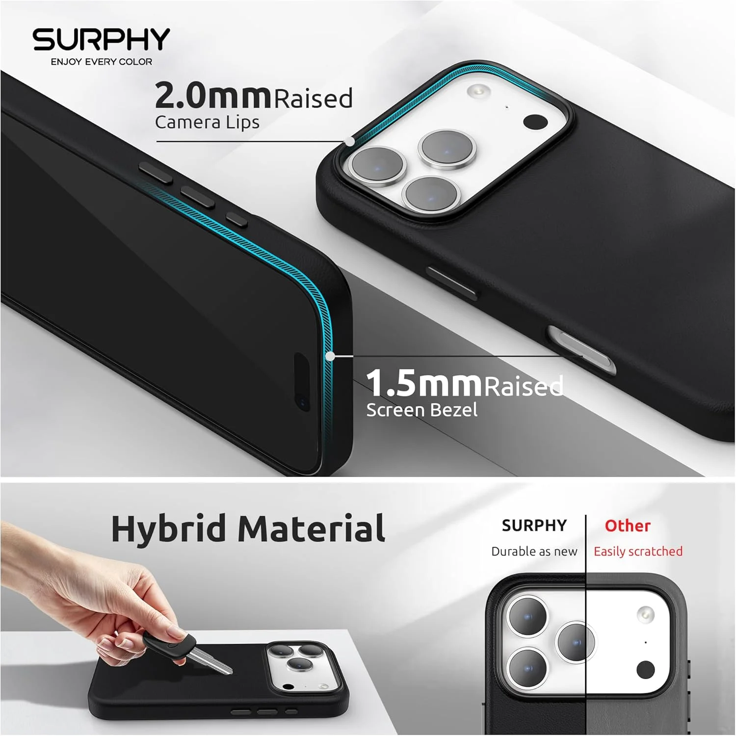 کاور چرمی مشکی رنگ سورفی مناسب برای آیفون ۱۷ پرو مکس، سازگار با شارژ بی‌سیم MagSafe، دارای دکمه‌های فلزی و پوشش داخلی میکروفایبر برای ۱۷ پرو مکس ۶.۹ اینچی (سال ۲۰۲۵)