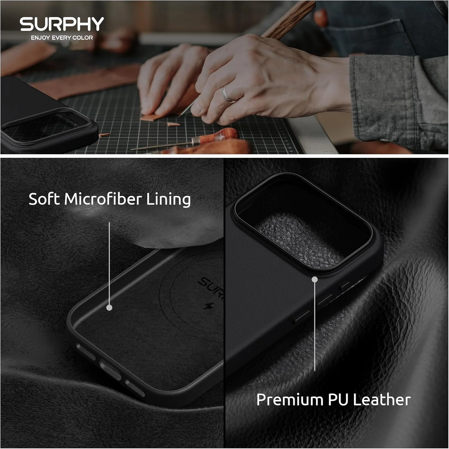 کاور چرمی مشکی رنگ سورفی مناسب برای آیفون ۱۷ پرو مکس، سازگار با شارژ بی‌سیم MagSafe، دارای دکمه‌های فلزی و پوشش داخلی میکروفایبر برای ۱۷ پرو مکس ۶.۹ اینچی (سال ۲۰۲۵)