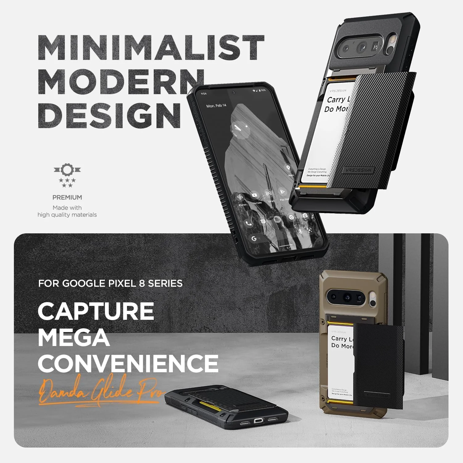 کیف پول کشویی VRS Design Damda Glide Pro برای گوشی گوگل پیکسل 8 پرو [نیمه اتوماتیک]، دارای جای کارت اعتباری [4 کارت] - شیار خاکی