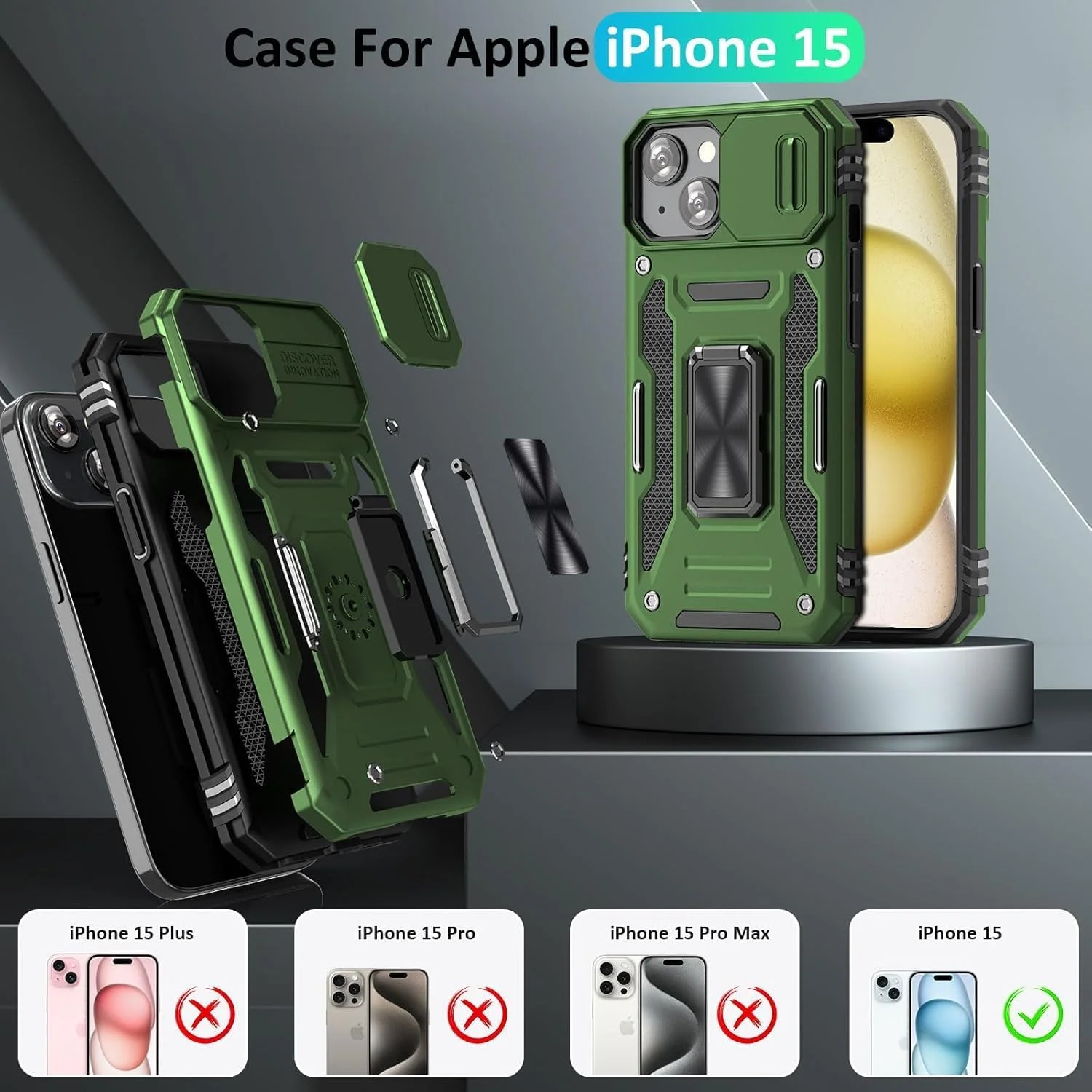 قاب گوشی آیفون 15 با پوشش کشویی دوربین، حلقه نگهدارنده مغناطیسی، پوشش محافظ ضد ضربه، قاب گوشی مقاوم، پایه نگهدارنده، سازگار با پایه نگهدارنده خودرو