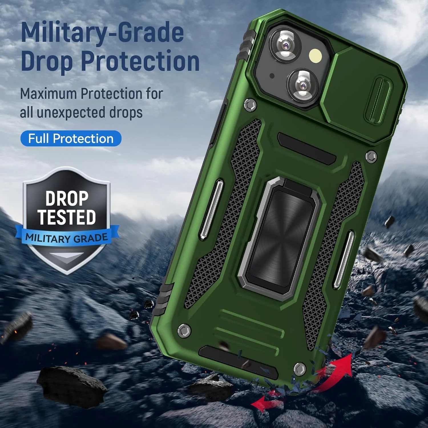 قاب گوشی آیفون 15 با پوشش کشویی دوربین، حلقه نگهدارنده مغناطیسی، پوشش محافظ ضد ضربه، قاب گوشی مقاوم، پایه نگهدارنده، سازگار با پایه نگهدارنده خودرو