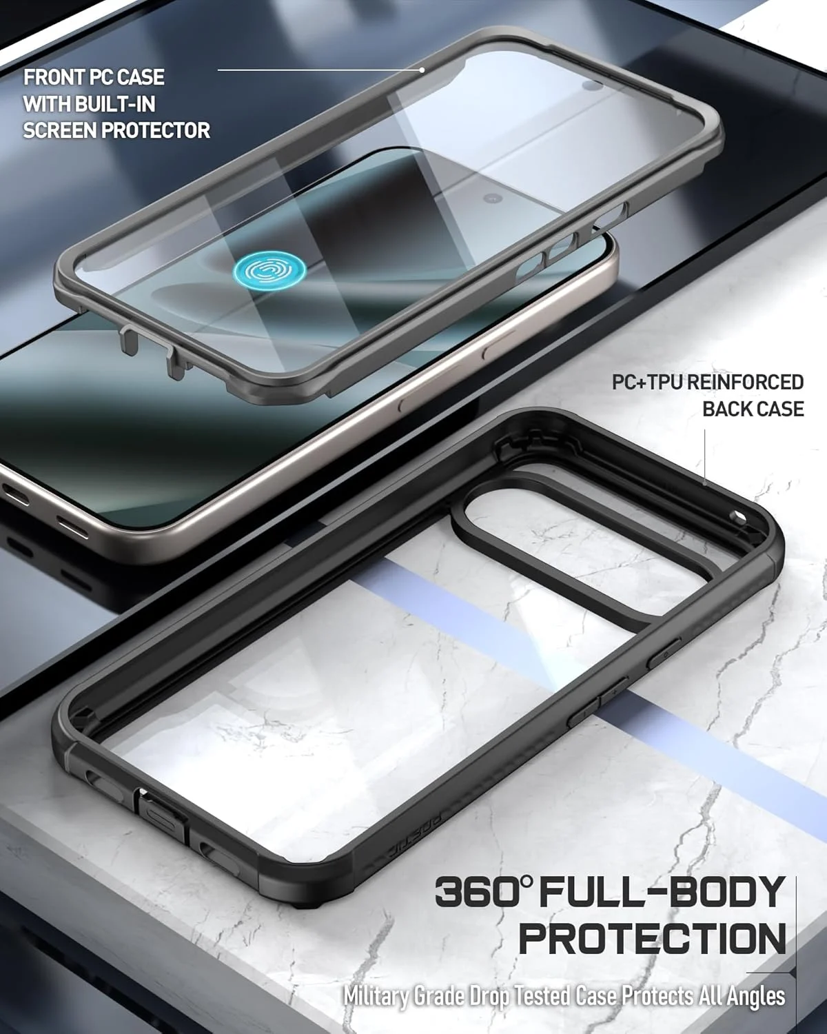 قاب محافظ مقاوم Poetic Guardian برای گوگل پیکسل 10 پرو XL 5G، محافظ صفحه نمایش داخلی، [دو فریم جلویی] [شارژ بی‌سیم] پوشش کامل ضد ضربه، مشکی/شفاف