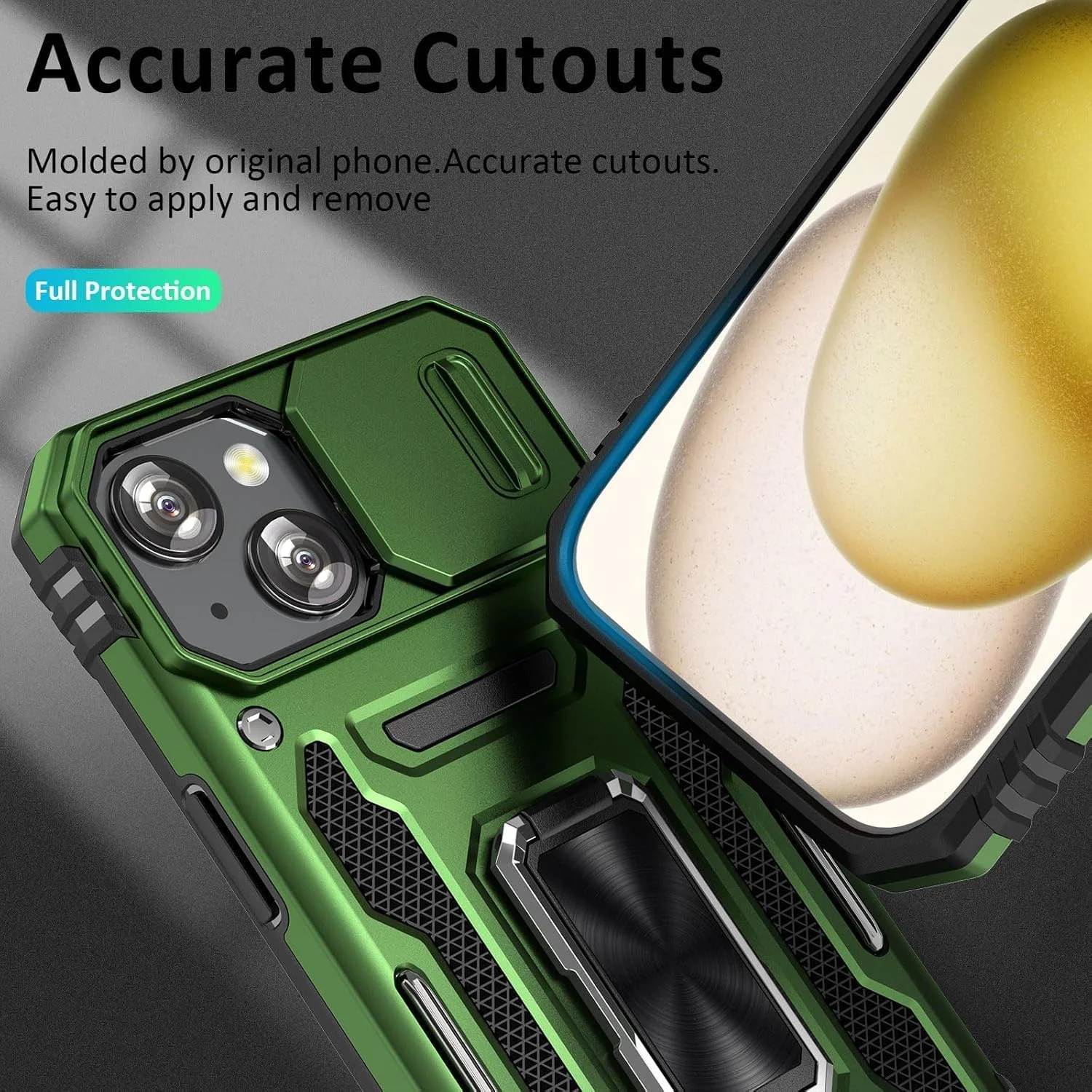 قاب گوشی آیفون 15 با پوشش کشویی دوربین، حلقه نگهدارنده مغناطیسی، پوشش محافظ ضد ضربه، قاب گوشی مقاوم، پایه نگهدارنده، سازگار با پایه نگهدارنده خودرو