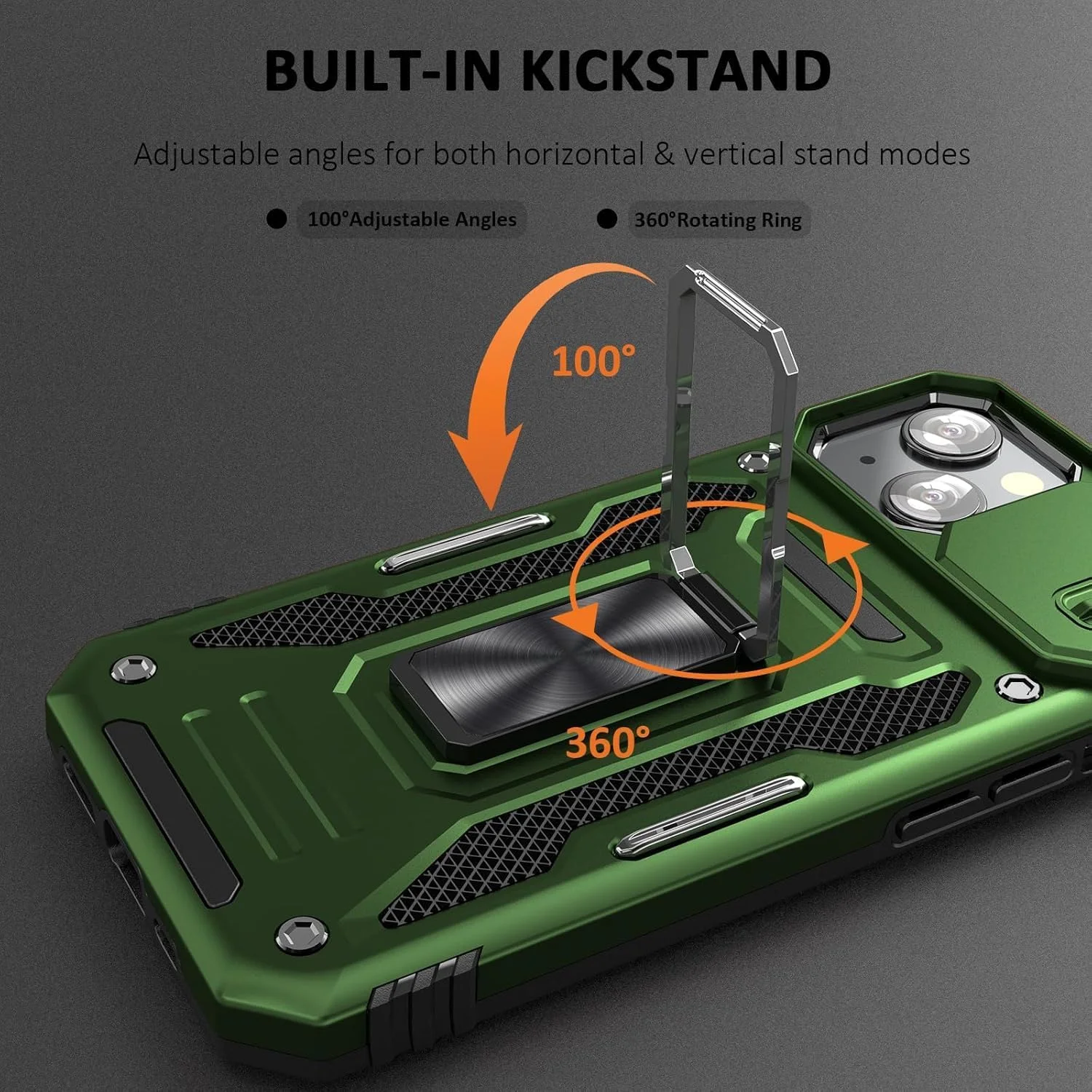 قاب گوشی آیفون 15 با پوشش کشویی دوربین، حلقه نگهدارنده مغناطیسی، پوشش محافظ ضد ضربه، قاب گوشی مقاوم، پایه نگهدارنده، سازگار با پایه نگهدارنده خودرو