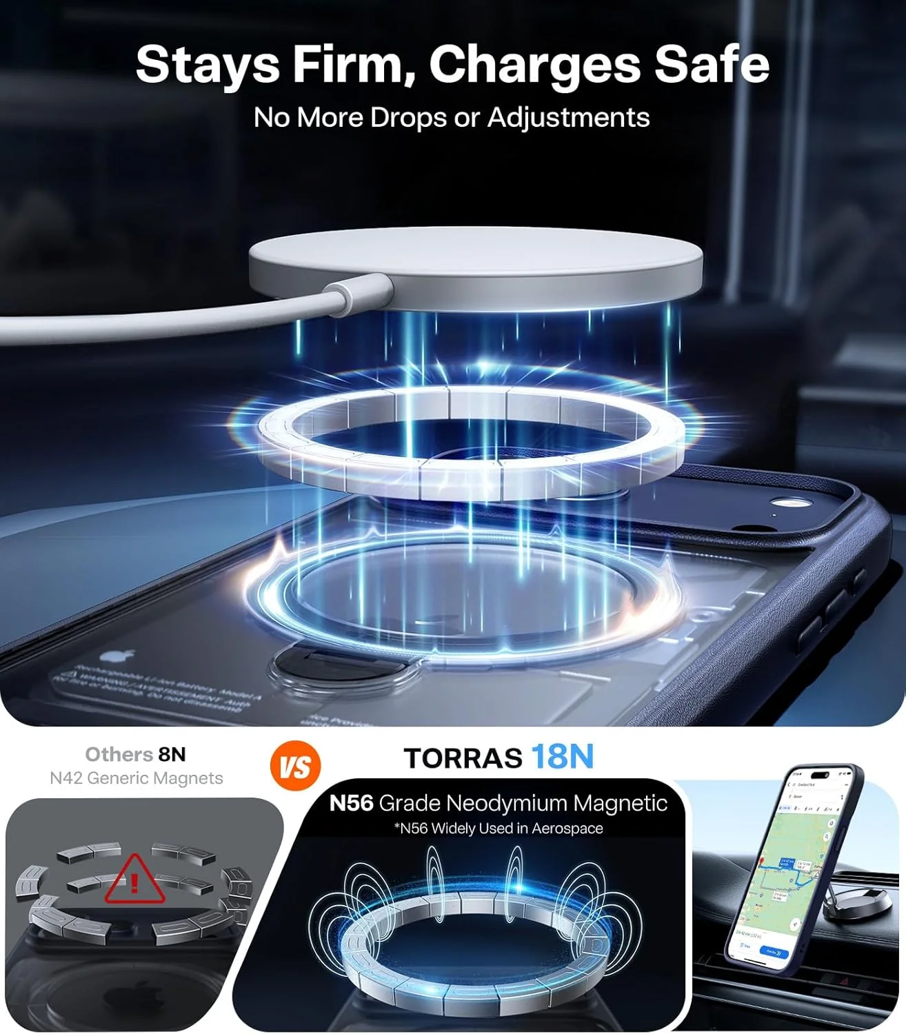 کاور چرخشی ۳۶۰ درجه TORRAS Q3 برای آیفون ۱۷ پرو با استند مغناطیسی، سازگار با MagSafe، محافظت نظامی، کنترل دوربین، دارای پایه داخلی، مناسب گوشی ۱۷ پرو ۶.۳ اینچی، آبی تیره