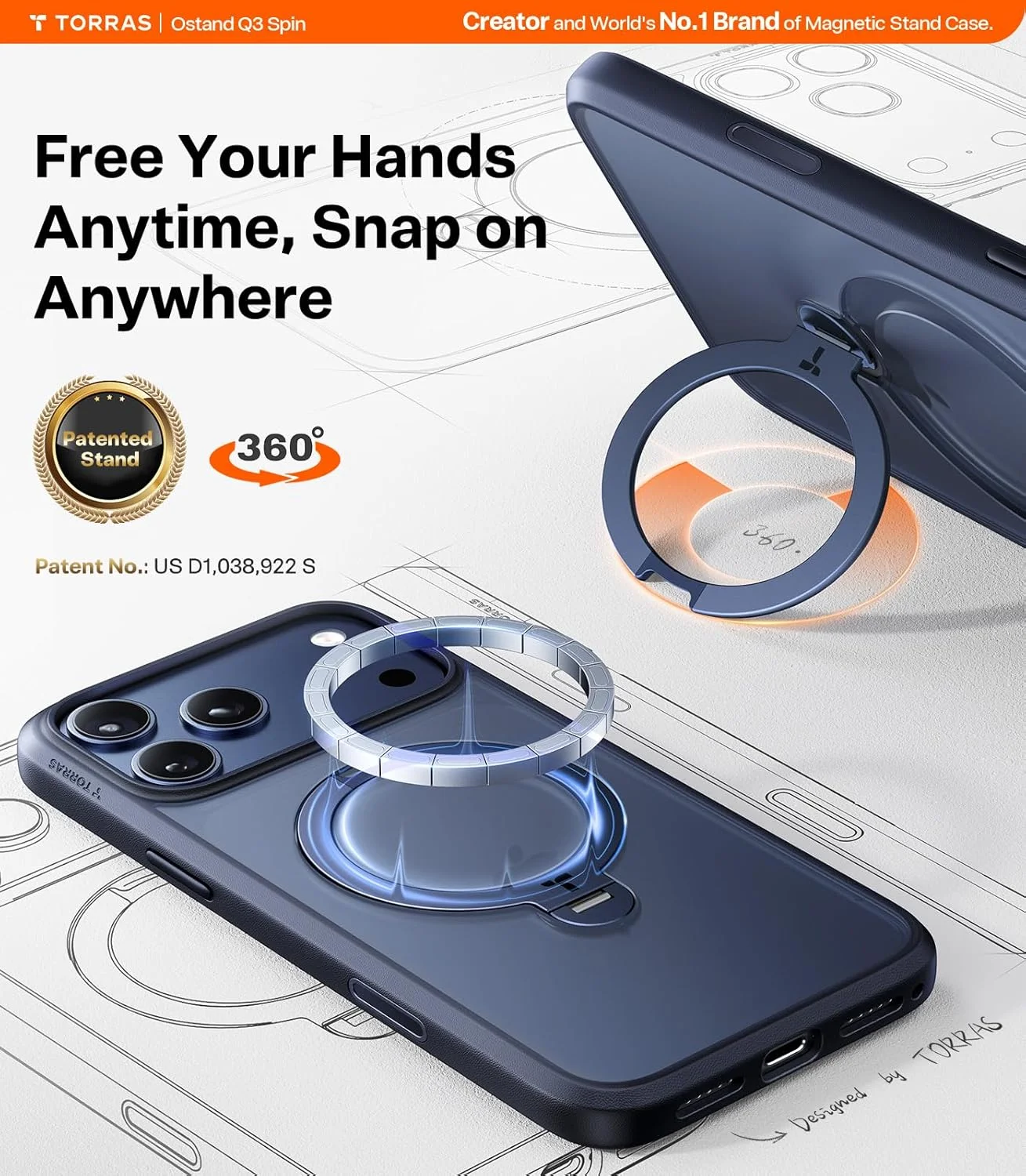 قاب گوشی آیفون 17 پرو TORRAS Q3 با قابلیت چرخش 360 درجه و استند مغناطیسی، سازگار با Magsafe، محافظت نظامی، کنترل دوربین، دارای پایه داخلی، 6.3 اینچ، آبی تیره