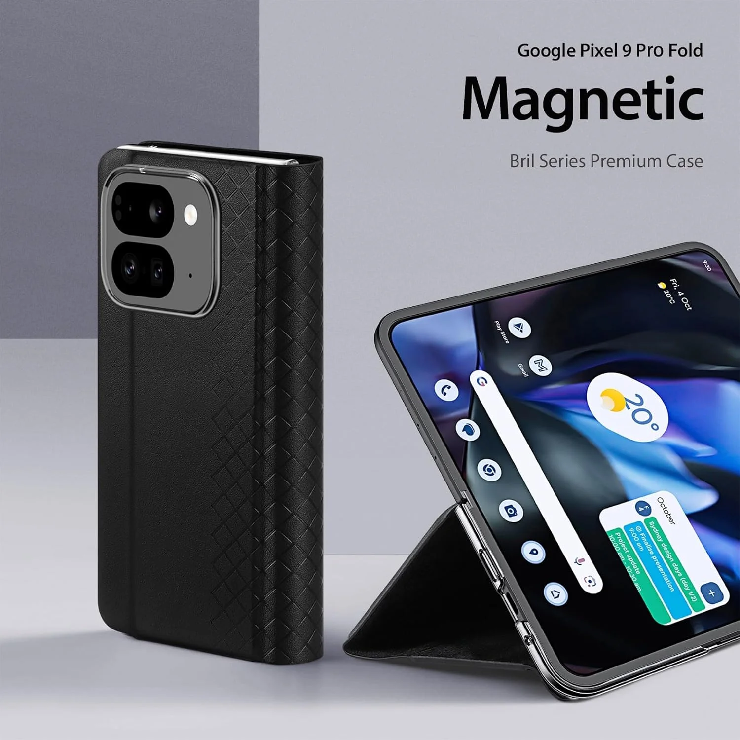 کیف پول چرمی لوکس Gruattreay سازگار با Google Pixel 9 Pro Fold، کاور تاشو با پایه و محافظت کامل به همراه جای کارت برای Pixel 9 Pro Fold (مشکی)