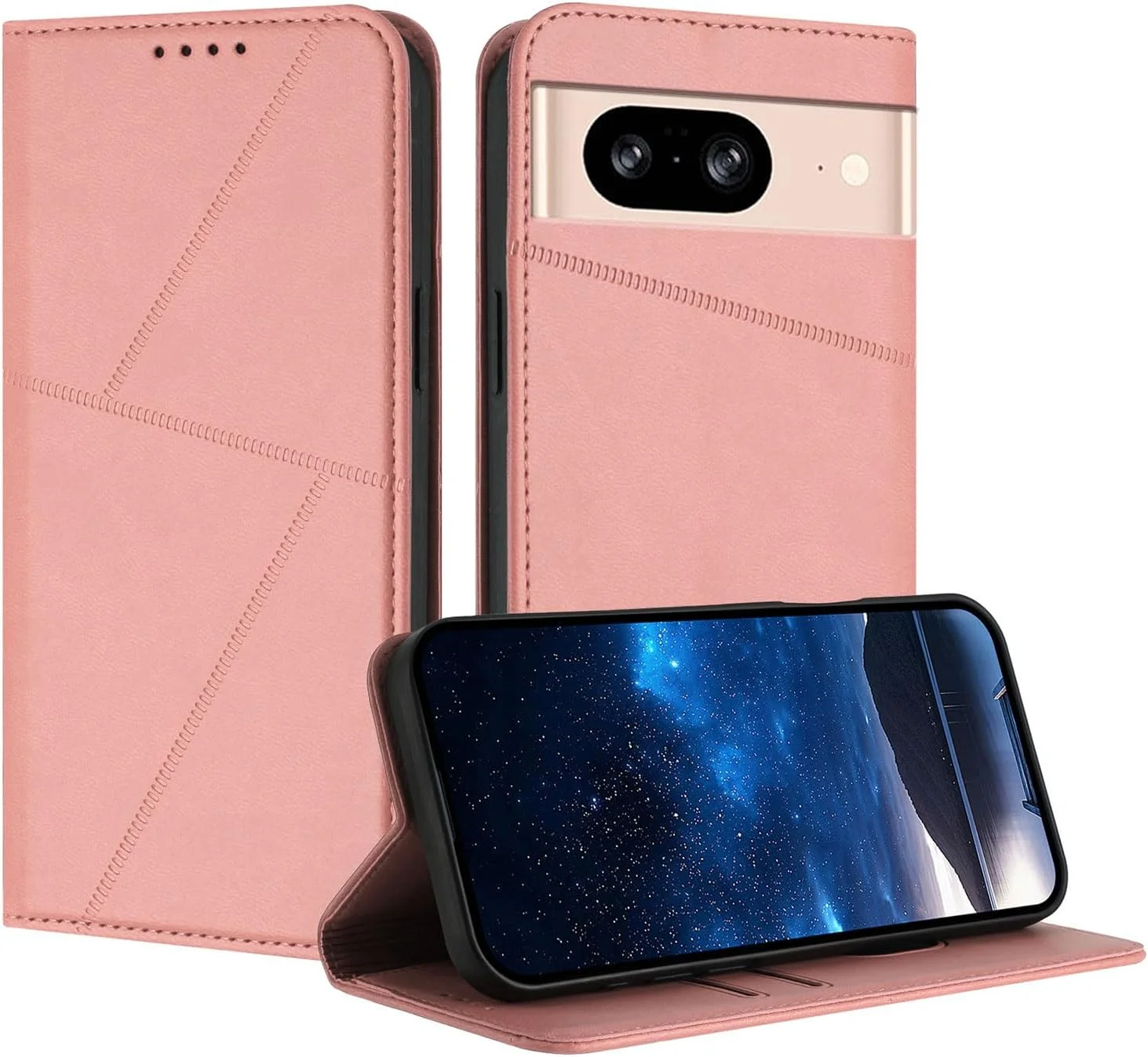 کاور سازگار با گوگل پیکسل 8a، دارای قفل مغناطیسی [چرم PU + قاب گوشی] کیف پول دارای جای کارت و پایه تاشو - صورتی