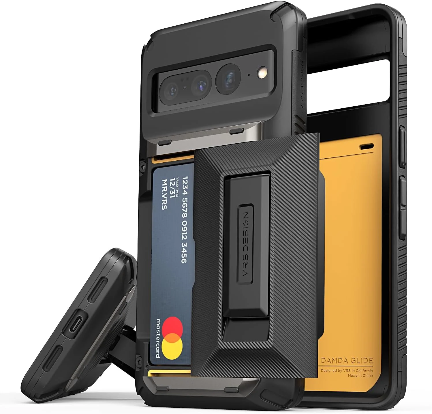 کاور محافظ هیبریدی VRS Design Damda Glide مناسب برای گوشی گوگل پیکسل 7 پرو، کیف پول کشویی [نیمه اتوماتیک] دارای جای کارت اعتباری [3-4 کارت] و پایه استند - مشکی
