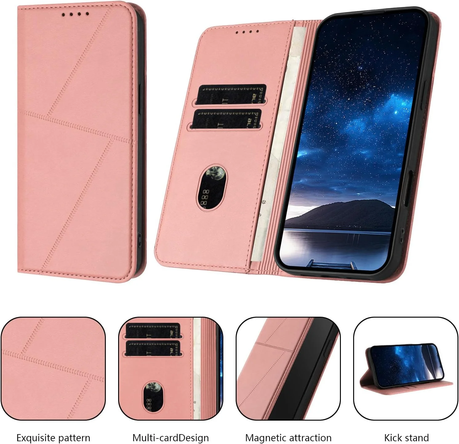 کاور سازگار با گوگل پیکسل 8a، دارای قفل مغناطیسی [چرم PU + قاب گوشی] کیف پول دارای جای کارت و پایه تاشو - صورتی