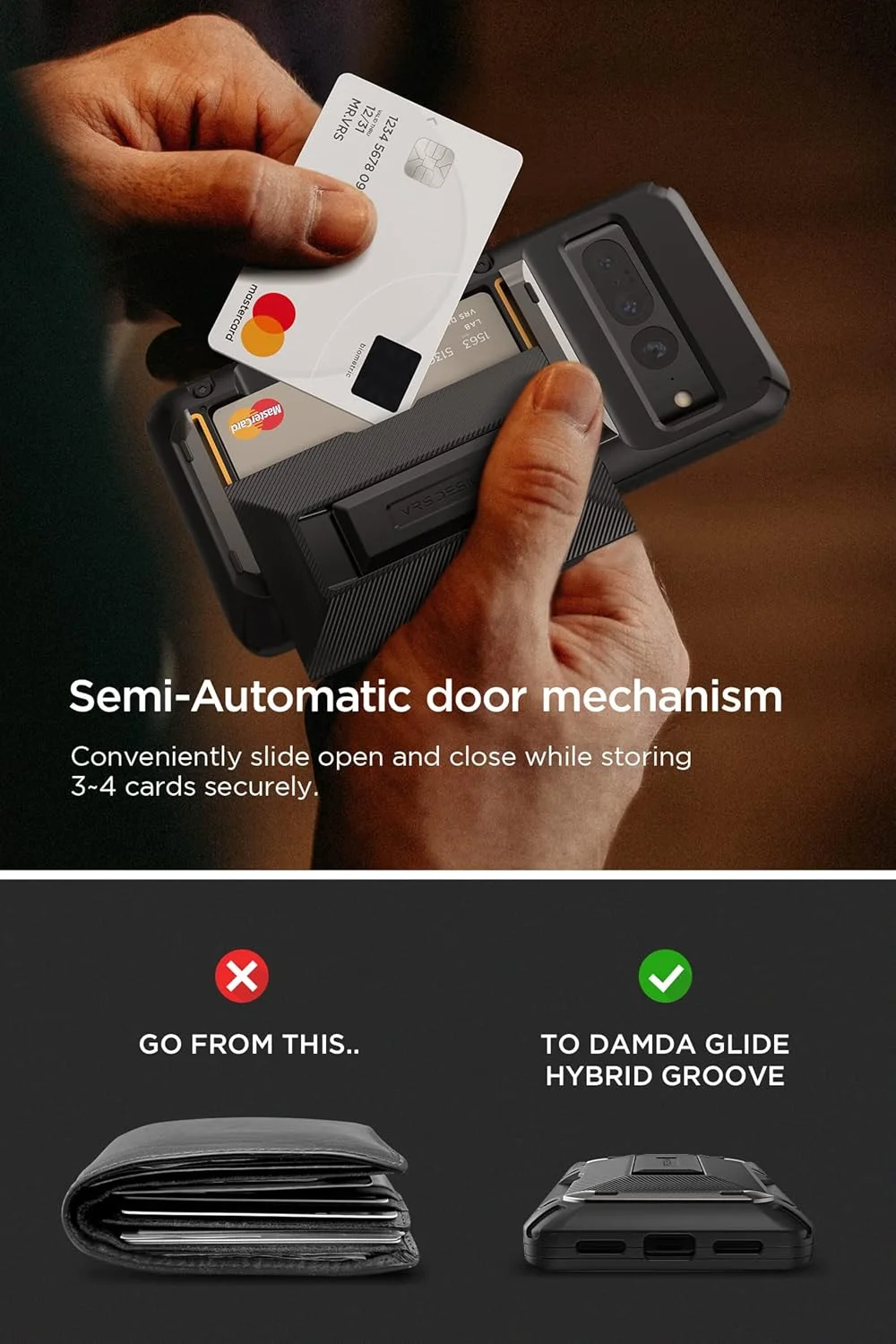 کاور محافظ هیبریدی VRS Design Damda Glide مناسب برای گوشی گوگل پیکسل 7 پرو، کیف پول کشویی [نیمه اتوماتیک] دارای جای کارت اعتباری [3-4 کارت] و پایه استند - مشکی