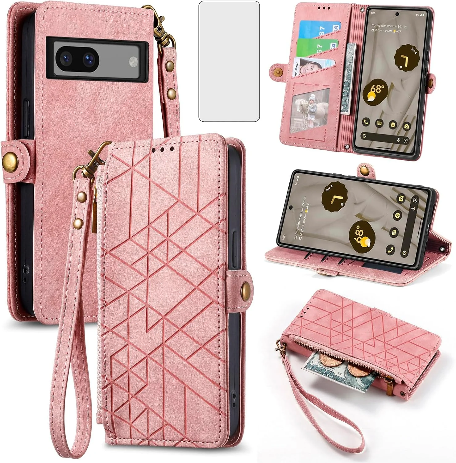 کیف پول گوشی Asuwish برای گوگل پیکسل 7 5G با محافظ صفحه نمایش شیشه ای و بند مچی، دارای زیپ و جای کارت اعتباری، لوازم جانبی گوشی موبایل پیکسل 7 پیکسلی سون 6.3 زنانه مردانه صورتی