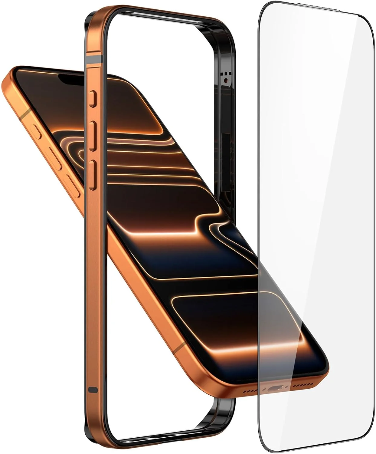 قاب محافظ فلزی برای گوشی 17 پرو مکس، فریم آلومینیومی باریک [بامپر داخلی سیلیکونی نرم] [محافظت از لبه های برجسته] محافظ صفحه نمایش شیشه ای حرارت دیده HD برای گوشی 17 پرو مکس - نارنجی