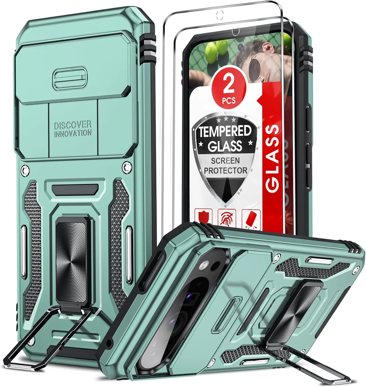 قاب محافظ گوشی LeYi برای گوگل پیکسل 9 / پیکسل 9 پرو: کاور گوشی پیکسل 9 با محافظ لنز دوربین کشویی، 2 عدد محافظ صفحه نمایش، حلقه استند، کاور محافظ ضد ضربه نظامی، سبز روشن