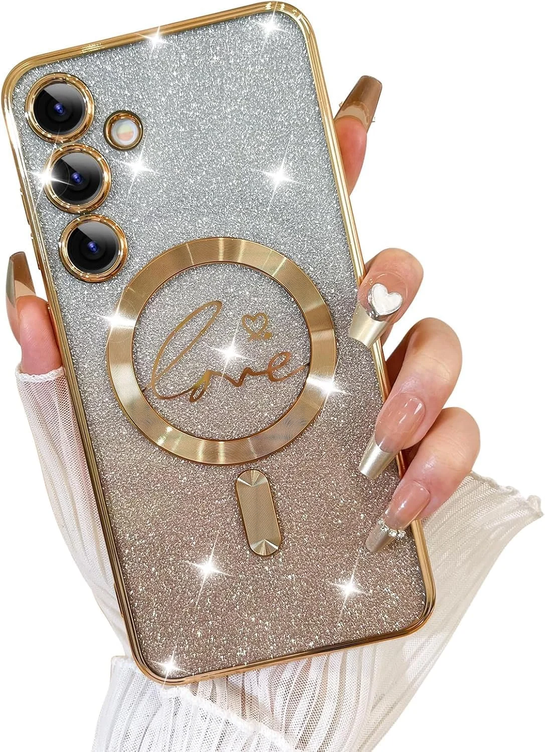 قاب محافظ گوشی ELEPIK برای گلکسی S24 FE با محافظ دوربین، پوشش کامل دوربین، سازگار با MagSafe، طرح قلب آبکاری شده، قاب مغناطیسی باریک شفاف با پولک طلایی