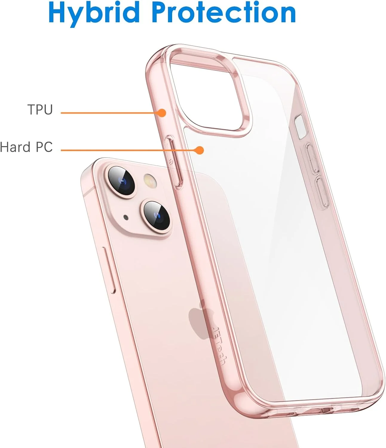 کاور محافظ ژتک برای آیفون ۱۳ ۶.۱ اینچی، کاور ضد ضربه موبایل، پشت شفاف ضد خش (صورتی)