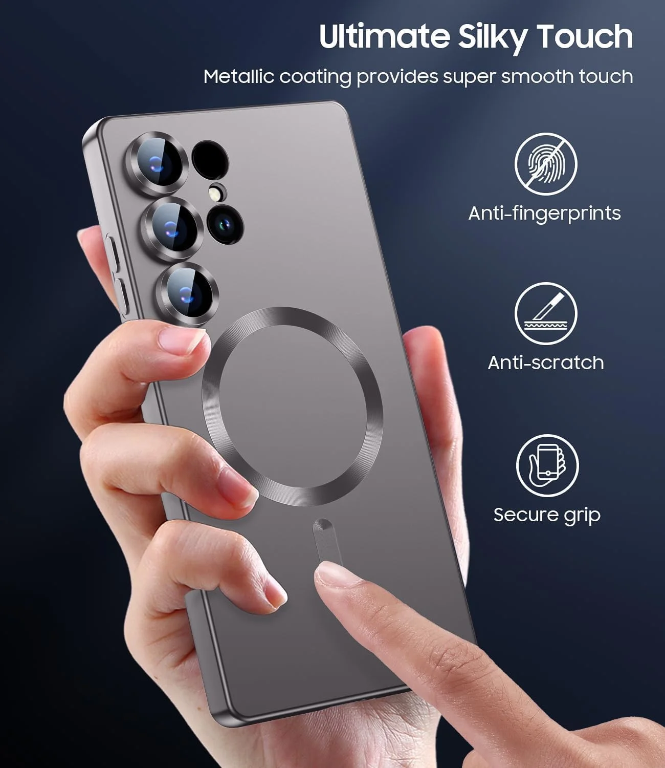 قاب مغناطیسی گوشی سامسونگ گلکسی S23 Ultra 5G، سازگار با Mag-Safe، کاور سیلیکونی باریک و محافظ لنز دوربین داخلی، ضد ضربه، خاکستری