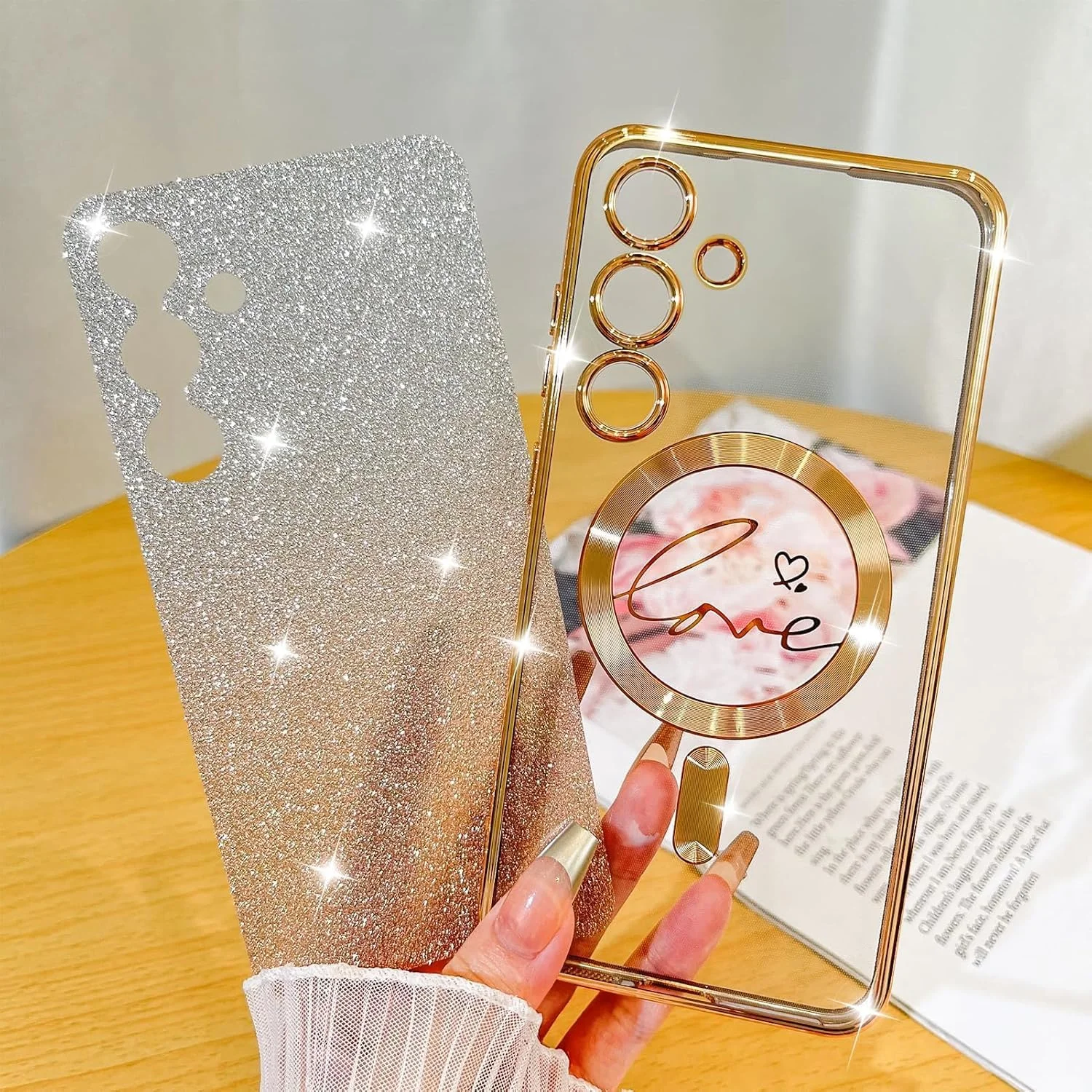 قاب محافظ گوشی ELEPIK برای گلکسی S24 FE با محافظ دوربین، پوشش کامل دوربین، سازگار با MagSafe، طرح قلب آبکاری شده، قاب مغناطیسی باریک شفاف با پولک طلایی قاب محافظ گوشی ELEPIK برای گلکسی S24 FE با محافظ دوربین، پوشش کامل دوربین، سازگار با MagSafe، طرح قلب آبکاری شده، قاب مغناطیسی باریک شفاف با پولک طلایی