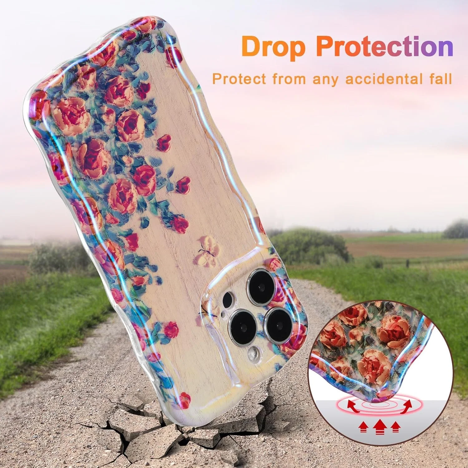 قاب گوشی نقاشی رنگ روغن برای آیفون 15 پرو مکس، طرح گل رز رنگارنگ و براق با لبه موج دار، قاب محافظ TPU شیک و بادوام برای دختران و زنان - بژ