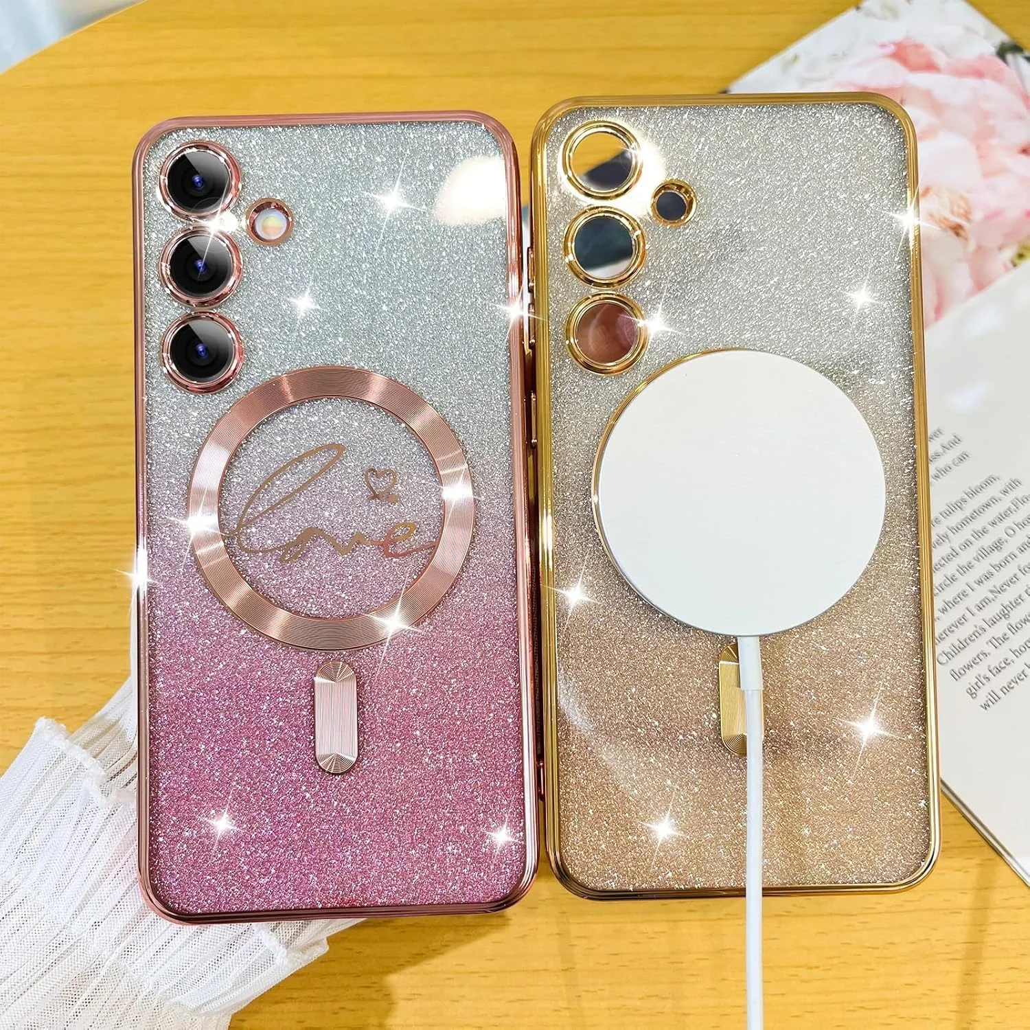 قاب محافظ گوشی ELEPIK برای گلکسی S24 FE با محافظ دوربین، پوشش کامل دوربین، سازگار با MagSafe، طرح قلب آبکاری شده، قاب مغناطیسی باریک شفاف با پولک طلایی قاب محافظ گوشی ELEPIK برای گلکسی S24 FE با محافظ دوربین، پوشش کامل دوربین، سازگار با MagSafe، طرح قلب آبکاری شده، قاب مغناطیسی باریک شفاف با پولک طلایی