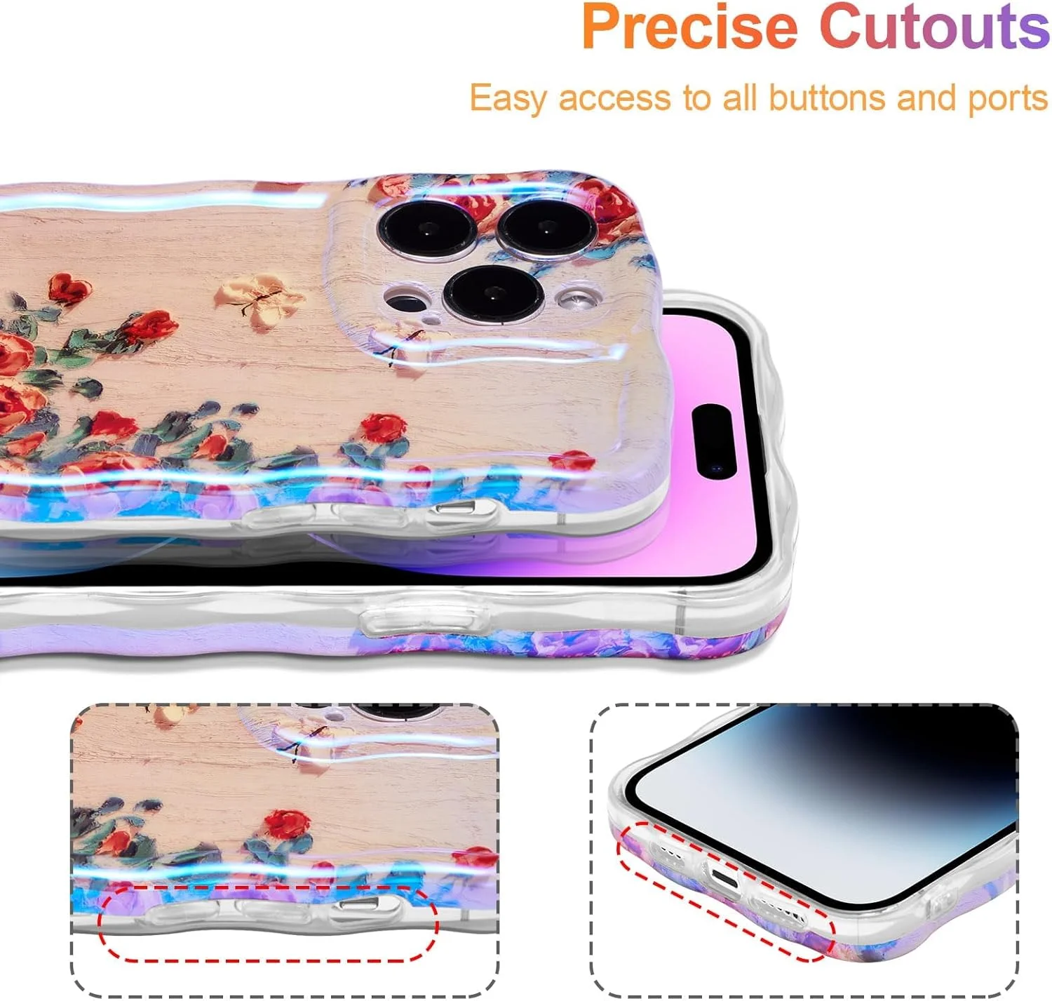 قاب گوشی نقاشی رنگ روغن برای آیفون 15 پرو مکس، طرح گل رز رنگارنگ و براق با لبه موج دار، قاب محافظ TPU شیک و بادوام برای دختران و زنان - بژ