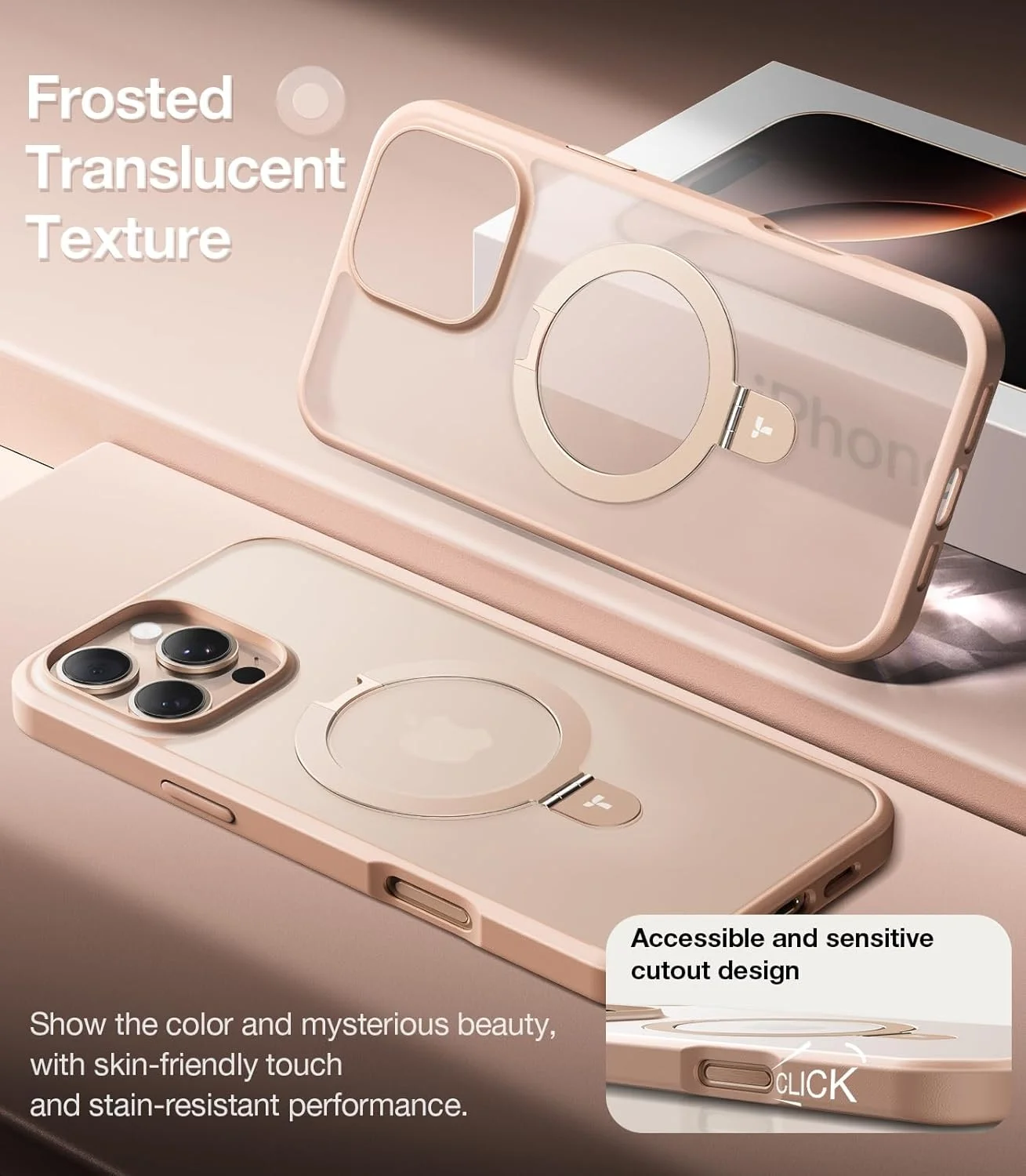 کاور محافظ آهنربایی TORRAS Ostand برای آیفون 16 پرو، [تست شده در برابر سقوط در سطح نظامی] کاور پشتی نیمه شفاف و باریک با لبه نرم برای آیفون 16 پرو، تیتانیوم صحرایی