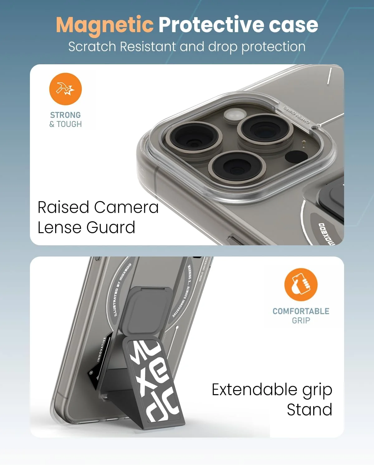 قاب محافظ مغناطیسی Moxedo مقاوم در برابر خراش و ضربه با پایه نگهدارنده کشویی داخلی سازگار با آیفون 15 پرو مکس (خاکستری)