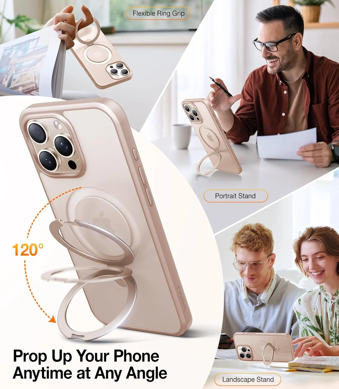 کاور محافظ آهنربایی TORRAS Ostand برای آیفون 16 پرو، [تست شده در برابر سقوط در سطح نظامی] کاور پشتی نیمه شفاف و باریک با لبه نرم برای آیفون 16 پرو، تیتانیوم صحرایی