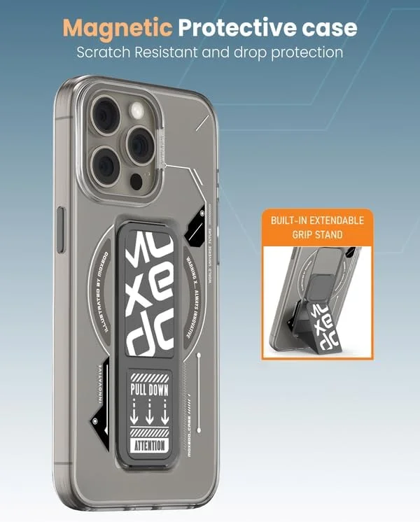 قاب محافظ مغناطیسی Moxedo مقاوم در برابر خراش و ضربه با پایه نگهدارنده کشویی داخلی سازگار با آیفون 15 پرو مکس (خاکستری)