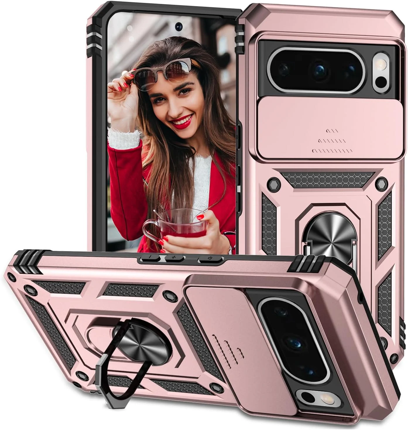 کاور محافظ گوشی گوگل پیکسل 8 پرو، کاور لنز کشویی ضد ضربه با درجه نظامی با حلقه نگهدارنده مغناطیسی 360 درجه، پشت PC سخت و کاور بامپر TPU رزگلد کاور محافظ گوشی گوگل پیکسل 8 پرو، کاور لنز کشویی ضد ضربه با درجه نظامی با حلقه نگهدارنده مغناطیسی 360 درجه، پشت PC سخت و کاور بامپر TPU رزگلد