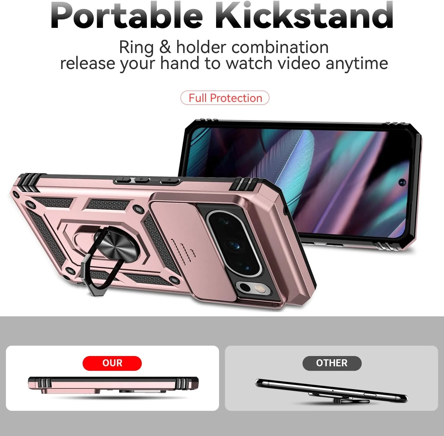 کاور محافظ گوشی گوگل پیکسل 8 پرو، کاور لنز کشویی ضد ضربه با درجه نظامی با حلقه نگهدارنده مغناطیسی 360 درجه، پشت PC سخت و کاور بامپر TPU رزگلد کاور محافظ گوشی گوگل پیکسل 8 پرو، کاور لنز کشویی ضد ضربه با درجه نظامی با حلقه نگهدارنده مغناطیسی 360 درجه، پشت PC سخت و کاور بامپر TPU رزگلد