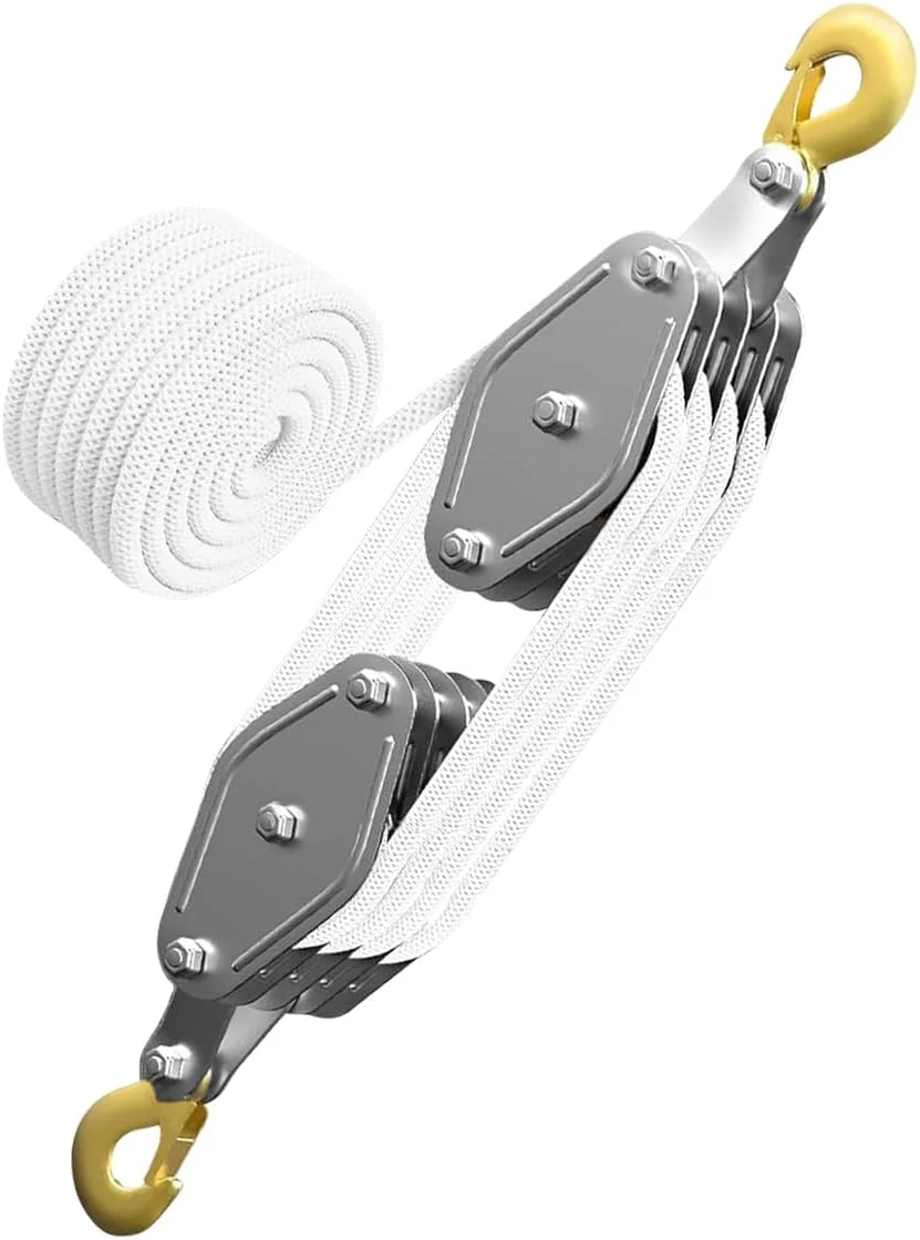 قرقره سنگین 4 طرفه با ترمز کابل، حداکثر 1000 کیلوگرم. طناب پلی پروپیلن 20 متری، کابل دستی 8:1 تا ارتفاع بالابری 2.5 متر