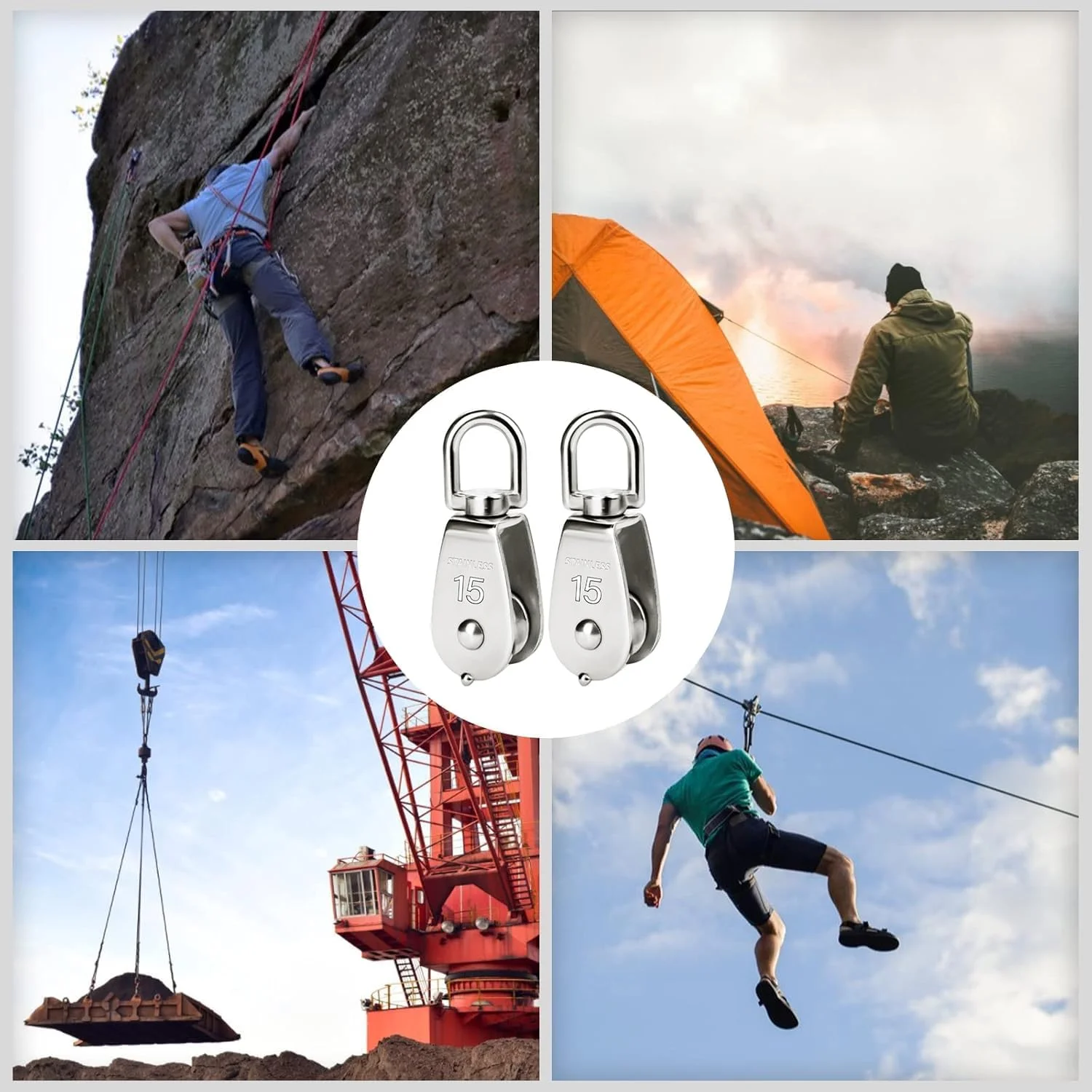 BOBOZHONG قرقره تکی، 2 عدد قرقره غلتکی چرخشی M15، بلوک غلتکی طناب استیل ضد زنگ، غلتک چرخشی، برای طناب های سیم بکسل 3-8 میلی متری ظرفیت بار 35 کیلوگرم