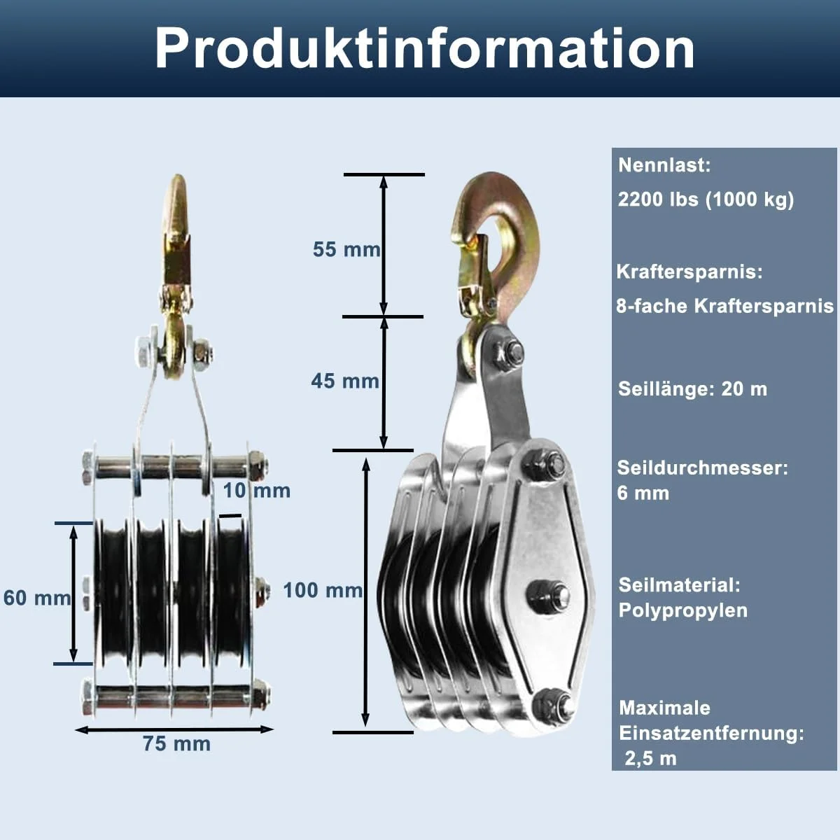 قرقره سنگین 4 طرفه با ترمز کابل، حداکثر 1000 کیلوگرم. طناب پلی پروپیلن 20 متری، کابل دستی 8:1 تا ارتفاع بالابری 2.5 متر