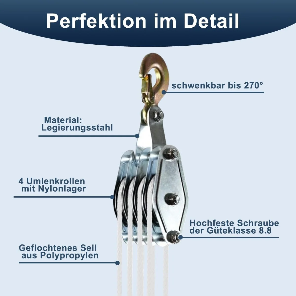 قرقره سنگین 4 طرفه با ترمز کابل، حداکثر 1000 کیلوگرم. طناب پلی پروپیلن 20 متری، کابل دستی 8:1 تا ارتفاع بالابری 2.5 متر