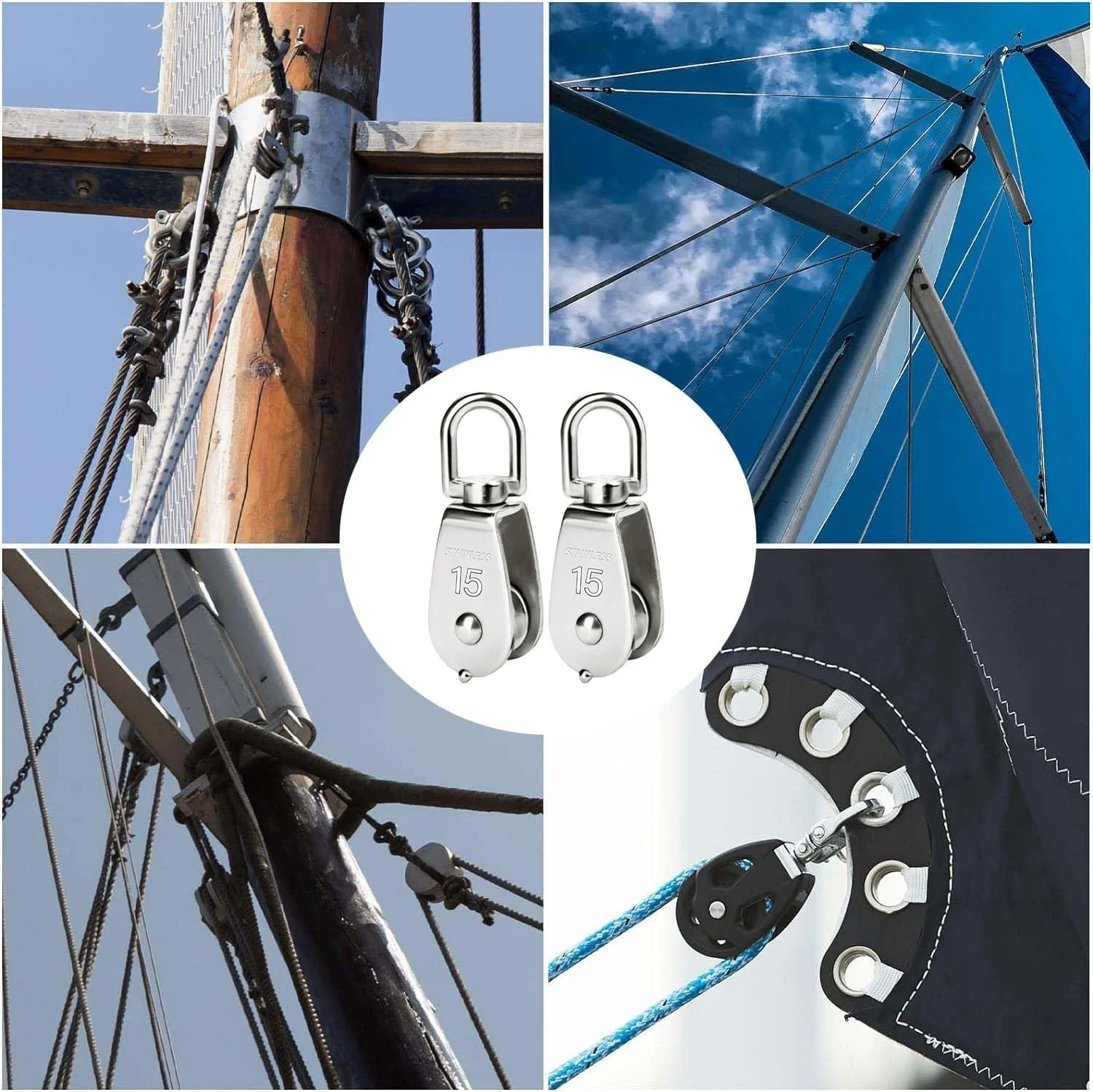 BOBOZHONG قرقره تکی، 2 عدد قرقره غلتکی چرخشی M15، بلوک غلتکی طناب استیل ضد زنگ، غلتک چرخشی، برای طناب های سیم بکسل 3-8 میلی متری ظرفیت بار 35 کیلوگرم