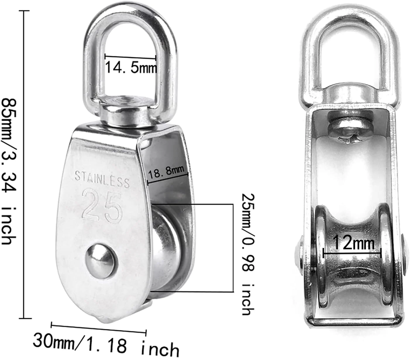 دو عدد قرقره 25 میلی متری استیل ضد زنگ 304 با تحمل بار 150 کیلوگرم - نقره ای