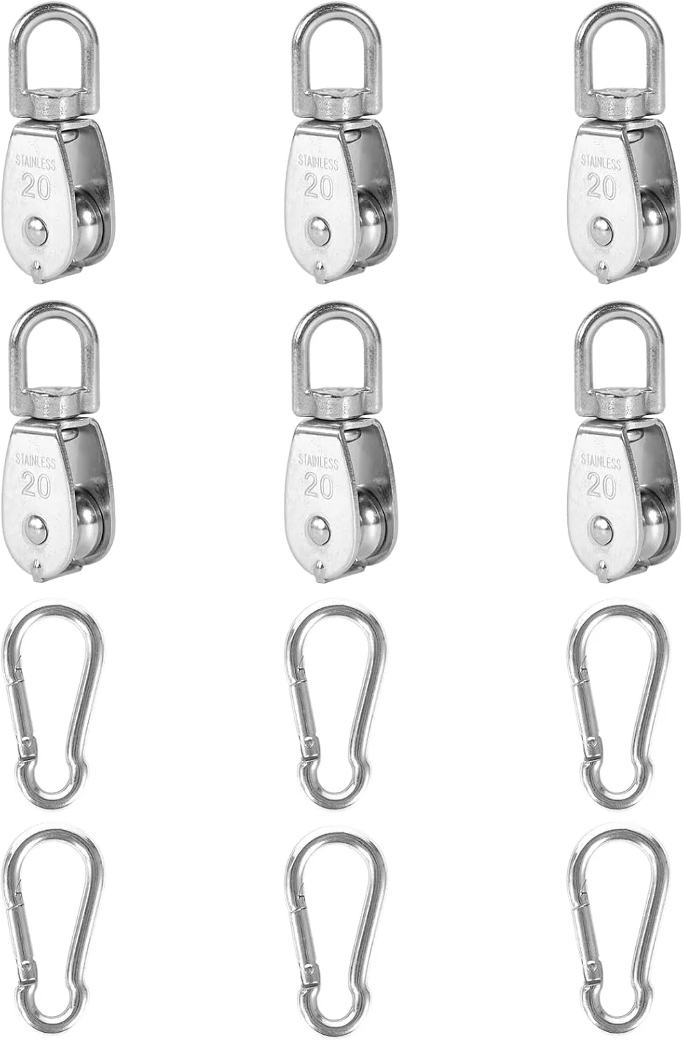 بسته 6 عددی قرقره تکی استیل 304 M20، چرخ بکسل سیم بکسل آویز، به همراه 6 عدد قلاب فنری